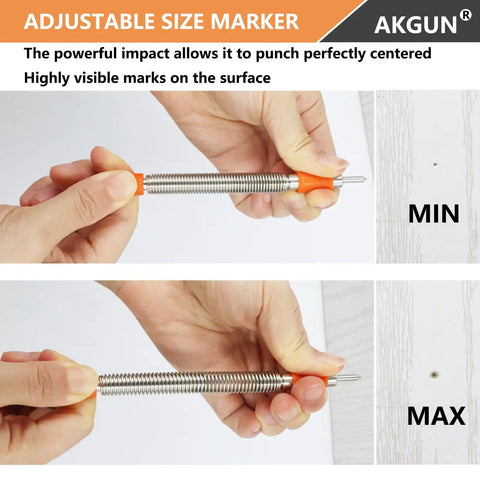 Adjustable size marker showing the One Eighth Inch High Speed Steel Hammerless Center Punch Tool used for precise drilling marks in wood.