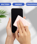 Person cleaning smartphone screen with 200 Pack Multicolor Microfiber Cleaning Cloths 6x7 Inches For Glasses Lenses Screens