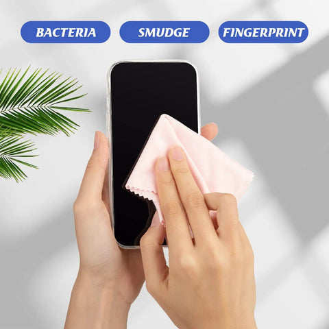 Person cleaning smartphone screen with 200 Pack Multicolor Microfiber Cleaning Cloths 6x7 Inches For Glasses Lenses Screens