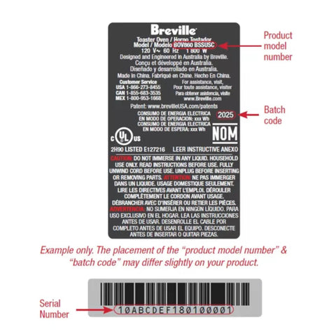 Product label for Breville oven showing model number, batch code, and serial number with clear instructions and contact details.