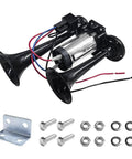 Badass 12V Dual Trumpet Air Horn Kit With Heavy Duty Compressor, detailed view of kit with horns, compressor, and mounting hardware.