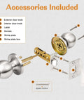 Exploded view of Brushed Nickel Bedroom And Bathroom Door Knobs Set 10 Pack, Interior Privacy Door Handles with included components
