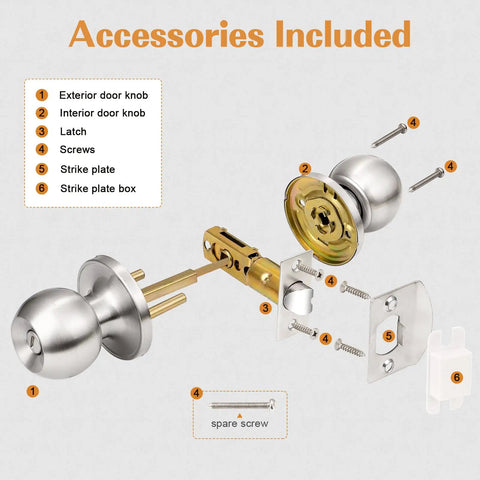 Exploded view of Brushed Nickel Bedroom And Bathroom Door Knobs Set 10 Pack, Interior Privacy Door Handles with included components