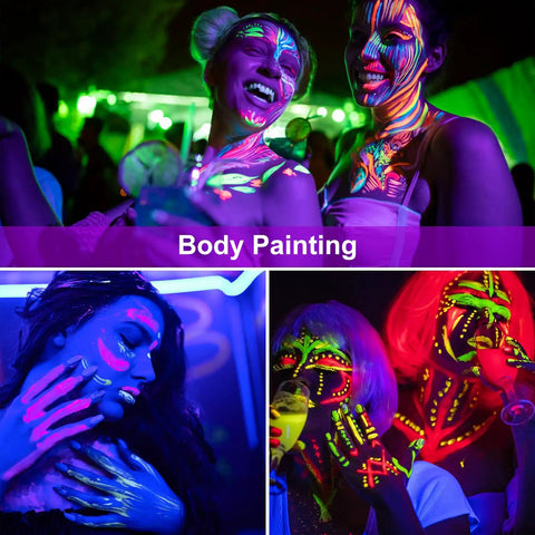 People enjoying body painting under 15W LED UV Black Light Bulb Energy Saver 395 400nm UV A Blacklight for Fluorescent Materials Glow