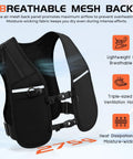 Unisex Hydration Vest With Adjustable Chest Straps shown with breathable mesh back and reflective features