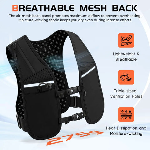 Unisex Hydration Vest With Adjustable Chest Straps shown with breathable mesh back and reflective features