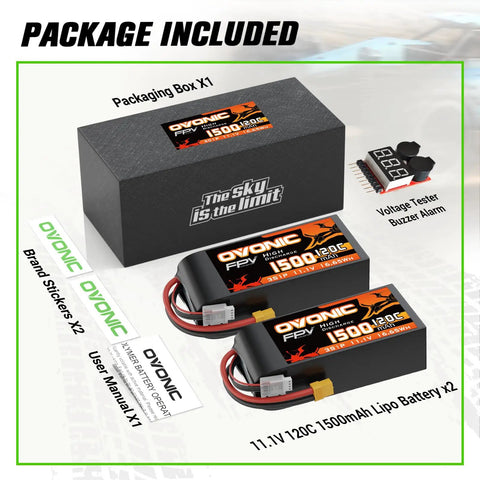2 Pack 11.1V 1500mAh LiPo Battery 3S 120C XT60 for FPV Racing Drones Quadcopter RC Cars Boats with Voltage Checker and Accessories