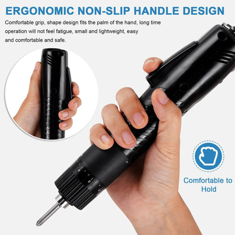 Hand holding Electric Screwdriver Set With Adjustable Torque 5mm Chuck 110 220V Interchangeable Bits Ergonomic Anti Slip Handle
