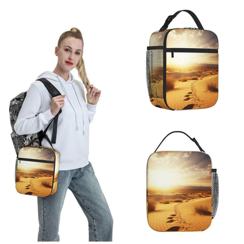 Golden Desert Bright Sunshine Insulated Lunch Bag, detachable handle, carried by person, leakproof cooler tote shown separately