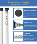 Image showing features of Three Pack Sliding Door Security Bar Kit 18 To 50 Inch Adjustable Steel Door Jammer With Rubber Tips Heavy Duty Window Lock Bar For Home Apartment Travel Patio White, including rubber tip, dual-nut lock, and buckle.