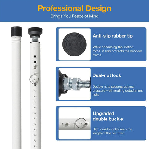 Image showing features of Three Pack Sliding Door Security Bar Kit 18 To 50 Inch Adjustable Steel Door Jammer With Rubber Tips Heavy Duty Window Lock Bar For Home Apartment Travel Patio White, including rubber tip, dual-nut lock, and buckle.