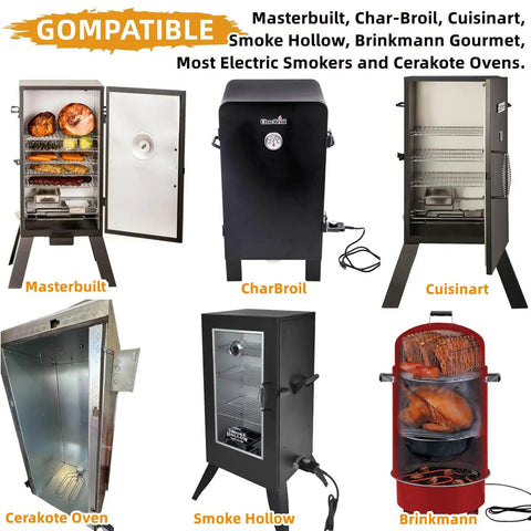 Various electric smokers compatible with 1650W Electric Smoker Heating Element Kit With Adjustable Thermostat And Probe Cord Replacement.