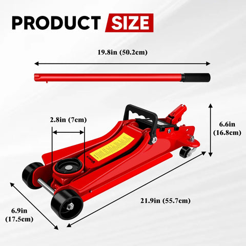 Beefed Up 2.5 Ton Floor Jack With Low Profile Design, 5500 Lbs Capacity, Single Piston Pump, Heavy Duty Steel Hydraulic Jack For Cars Sedans Pickups MPVs, Lifting Range 3.4 To 15.2 Inches, Durable Powder Coated Steel, with handle and dimensions