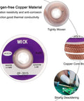 Desoldering Solder Wick Braid No Clean Copper Wick 0.14 Inch Width 5 Feet Length, showing material and usage details.
