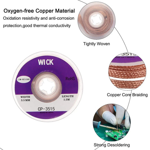Desoldering Solder Wick Braid No Clean Copper Wick 0.14 Inch Width 5 Feet Length, showing material and usage details.