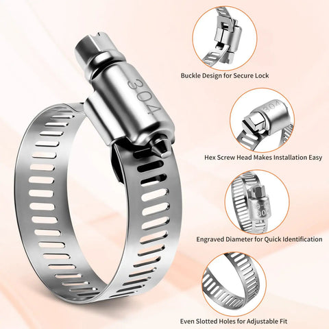Close-up of Heavy Duty 130 Piece Hose Clamp Kit 304 Stainless Steel 1/4 To 1-1/2 Inch Worm Gear Clamps showing secure lock features.