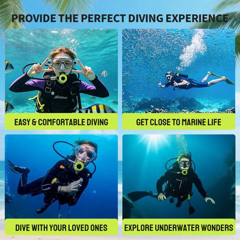 Collage of snorkelers and divers exploring underwater with 1.9L Mini Scuba Tank For Adults Portable Diving Kit For Snorkeling.