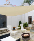 Beige Triangle Sun Shade Sail 6x6x6 Heavy Duty Canopy UV Block Air Permeable HDPE Shade Cloth installed over patio