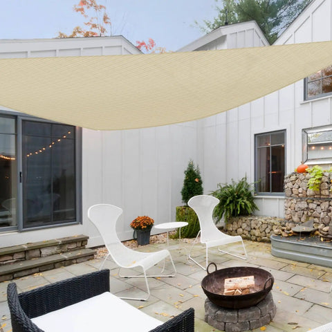 Beige Triangle Sun Shade Sail 6x6x6 Heavy Duty Canopy UV Block Air Permeable HDPE Shade Cloth installed over patio