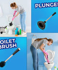 Woman cleaning toilet with Toilet Brush And Plunger Set 18 Inch No Rust Stainless Steel Design, freestanding canister in bathroom.
