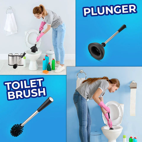 Woman cleaning toilet with Toilet Brush And Plunger Set 18 Inch No Rust Stainless Steel Design, freestanding canister in bathroom.