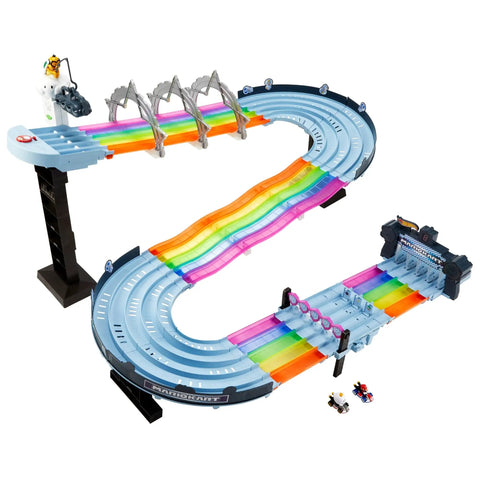 Hot Wheels Mario Kart Rainbow Road Raceway Track Set With Lights And Sounds Eight Foot Long Rainbow Course with curves