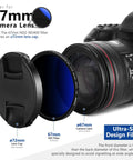 67mm Variable ND Filter ND2-ND400 1-9 Stops next to camera showcasing ultra-slim design, lens and cap details.