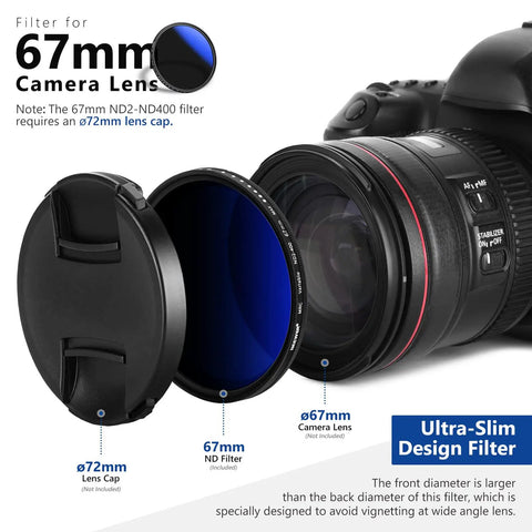 67mm Variable ND Filter ND2-ND400 1-9 Stops next to camera showcasing ultra-slim design, lens and cap details.