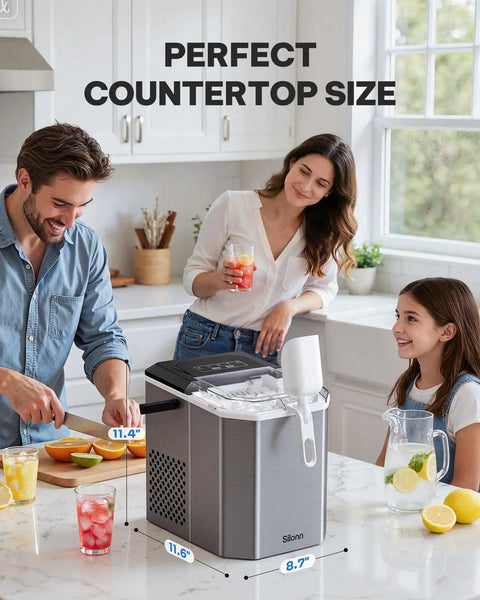 Sleek Countertop Ice Maker With Portable Stainless Steel Design And Easy Carry Handle in kitchen setting with drinks.