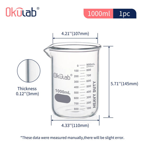 Heavy-Duty Glass Beaker 1000mL Thick-Walled 3.3 Borosilicate With Dual Scale Graduation, side view with measurements and thickness.