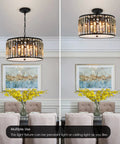 Crystal Drum Chandelier For Dining Room And Kitchen Island, sleek black finish with K9 crystal accents, 6-light ceiling fixture