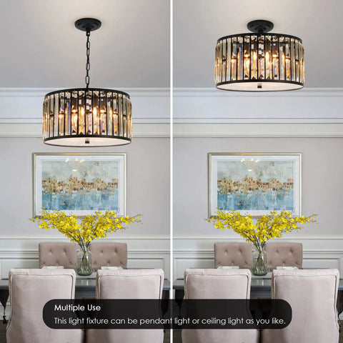 Crystal Drum Chandelier For Dining Room And Kitchen Island, sleek black finish with K9 crystal accents, 6-light ceiling fixture