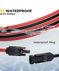 IP67 waterproof 20Ft 10AWG Solar Extension Cable Kit with male and female connectors, red and black tin coated, ideal for outdoors.