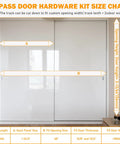 Size chart for Four Foot Aluminum Bypass Door Hardware Set For Two Door System With Finger Pulls, fits 1 3/8 to 1 3/4 inches thick.