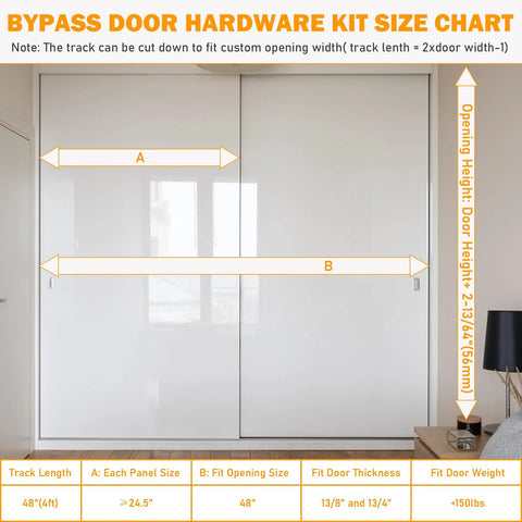 Size chart for Four Foot Aluminum Bypass Door Hardware Set For Two Door System With Finger Pulls, fits 1 3/8 to 1 3/4 inches thick.