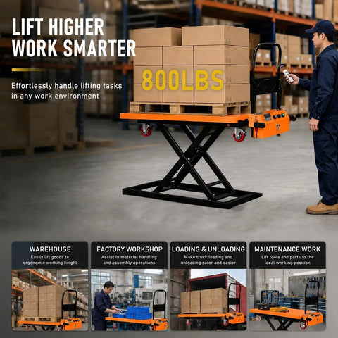 Beefy Electric Scissor Lift Table Cart 43 Inch Yellow Platform With 800 Lb Load Capacity Reinforced Alloy Steel Frame for lifting boxes.