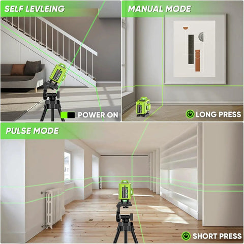 360 Degree Self Leveling Laser Level With Tripod For Construction And Renovation, showing green beams in different modes