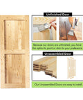 Unfinished wooden interior door sections ready to be painted or stained, shown in completed and unassembled formats for customization.