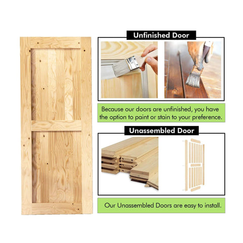 Unfinished wooden interior door sections ready to be painted or stained, shown in completed and unassembled formats for customization.