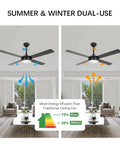 52 Inch Ceiling Fan With Light Remote Control Dope DC Motor Dimmable Lighting 6 Speeds Breeze Mode Timer Vacation Mode Double-Sided Black Wood Blades For Patio Bedroom Living Room Farmhouse Decor in summer and winter settings