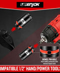 Five Piece Lug Nut Remover Kit With 17mm 19mm 21mm And 22mm Sockets One Half Inch Drive Pro Grade Bolt Extractor Socket Set With Removal Pin For Stripped Or Damaged Nuts DIY Ready And Easy To Use displayed with compatible power tool