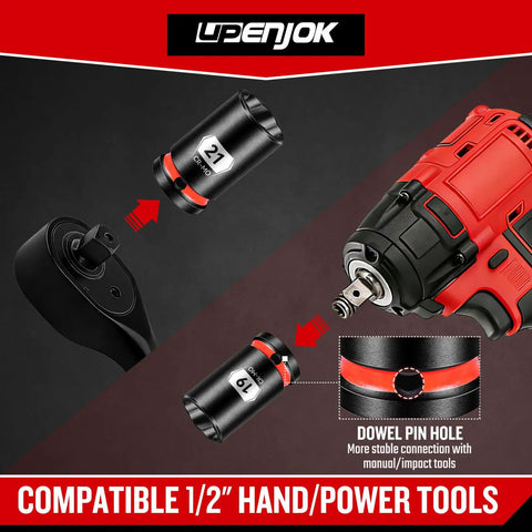 Five Piece Lug Nut Remover Kit With 17mm 19mm 21mm And 22mm Sockets One Half Inch Drive Pro Grade Bolt Extractor Socket Set With Removal Pin For Stripped Or Damaged Nuts DIY Ready And Easy To Use displayed with compatible power tool