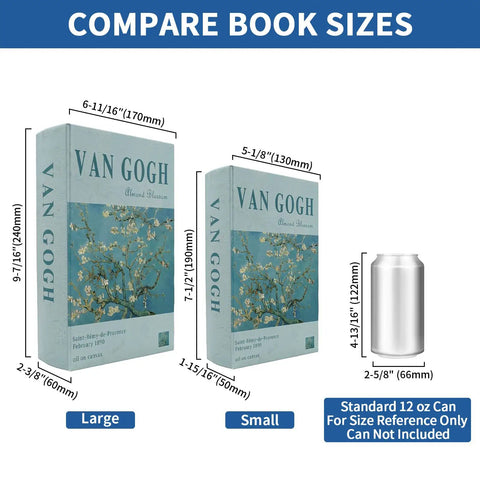 Heavy Duty Hidden Door Book Latch Featuring Slick Concealed Bookshelf Catch For Seamless Safe Room Upgrade And Smooth Operator DIY Stealth Lock Set comparison image featuring large and small Van Gogh book sizes.