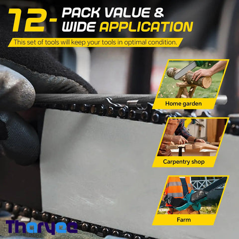 12 Pack Five Thirty Second Inch Chainsaw Sharpening Files Set, Pro Grade Circular Chainsaw File Kit For Woodworking shown in use