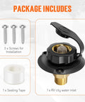 Package includes RV City Water Inlet With Check Valve Replacement Lead Free Brass Threads Three Quarter GHT Female And One Half NPT Male Pipe Fittings Water Hose Connector For Campers Trailers And Motorhomes, 3 screws and sealing tape