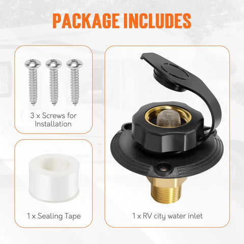 Package includes RV City Water Inlet With Check Valve Replacement Lead Free Brass Threads Three Quarter GHT Female And One Half NPT Male Pipe Fittings Water Hose Connector For Campers Trailers And Motorhomes, 3 screws and sealing tape
