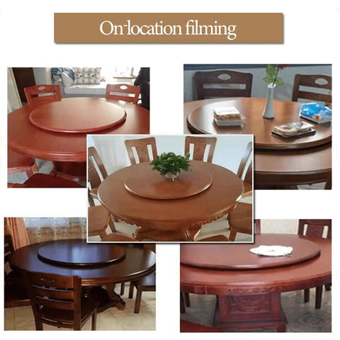 Wooden Dining Table Turntable Lazy Susan Tray with Smooth Silent Spin shown in various dining settings