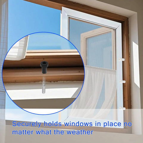 Rock Solid Window Screen Plunger Latches With Caps And Springs 16 Piece Professional Upgrade Kit installed in a window frame.