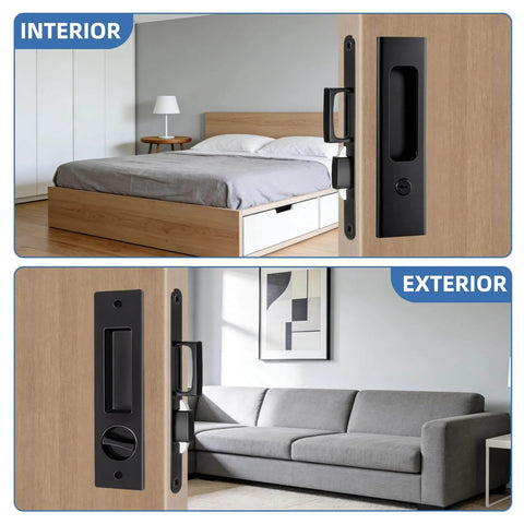Privacy Pocket Door Lock Hardware For Wood Doors, Invisible Sliding Door Lock With Keys, Recessed Handle Latch installed on wood door
