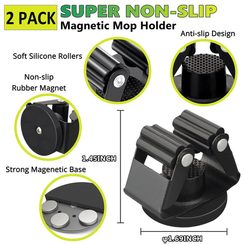 Heavy Duty Magnetic Mop And Broom Holder Rack With No Slip Wall Mount Movable Tool Organizer 2 Pack Black close-up view